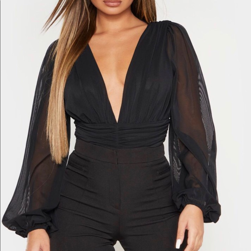 Black mesh long sleeve bodysuit